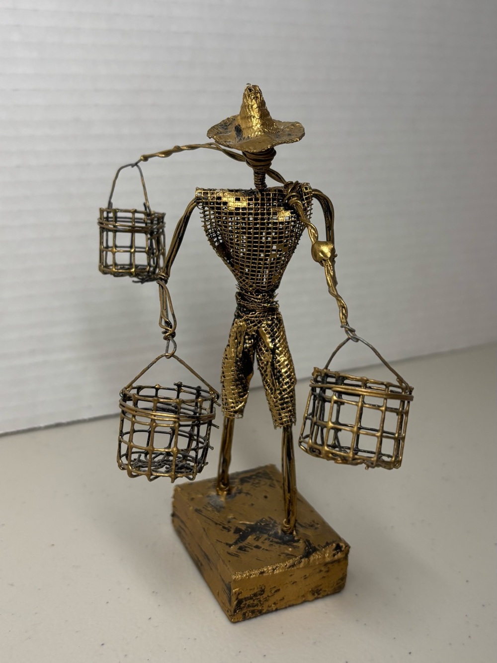 Vintage John Flavius Barbados Wire Art Sculpture Man Carrying Baskets 6.5”H